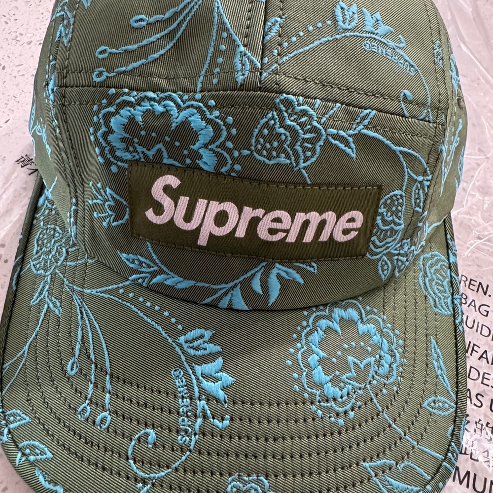 Supreme Olive Cap with Blue Floral Design